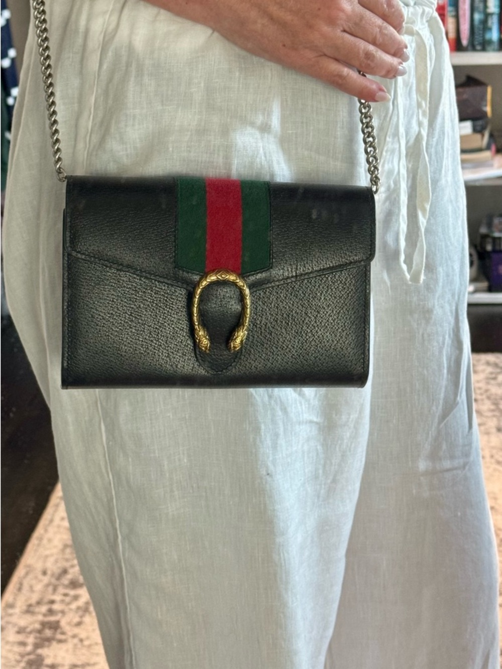 Gucci Dionysus Black Leather Wallet on Chain Red Green Web Stripe - Picture 2 of 9